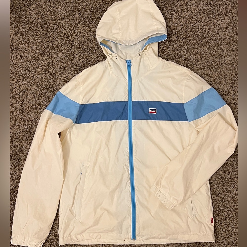 Vintage Levi's Jacket Windbreaker in Cream and Blue Colorblock Mesh Lined Size L